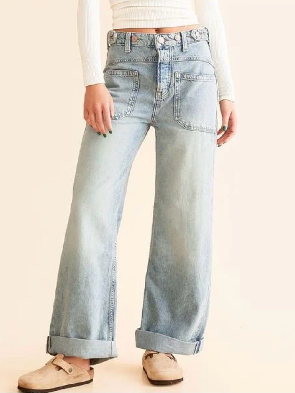 Free People we The Free Women's Blue Palmer Wide Leg Cuffed Jean Acid Wash